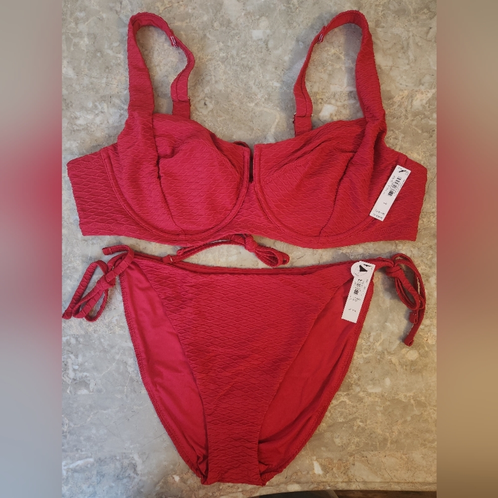 44C/XXL VS Swim Full Coverage Bikini Top Side Tie Cheeky Bikini Set Red
